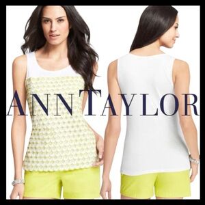 Ann Taylor White/Yellow Scalloped Eyelet Front White Back Tank (M)